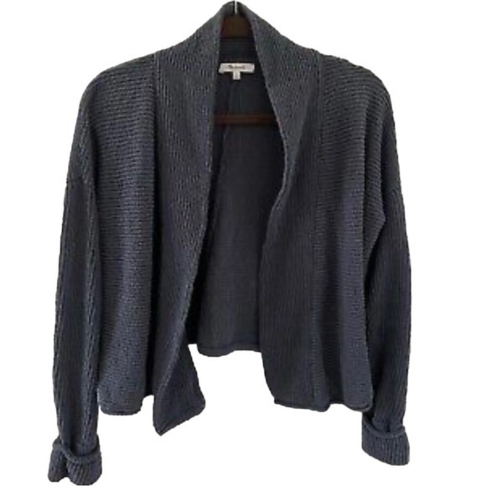 Madewell Sweater Gray Knit‎ Soft Ribbed Open Cardigan Roll Sleeve Waterfall MED